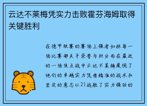 云达不莱梅凭实力击败霍芬海姆取得关键胜利