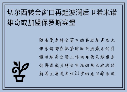 切尔西转会窗口再起波澜后卫希米诺维奇或加盟保罗斯宾堡