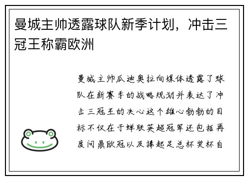 曼城主帅透露球队新季计划，冲击三冠王称霸欧洲